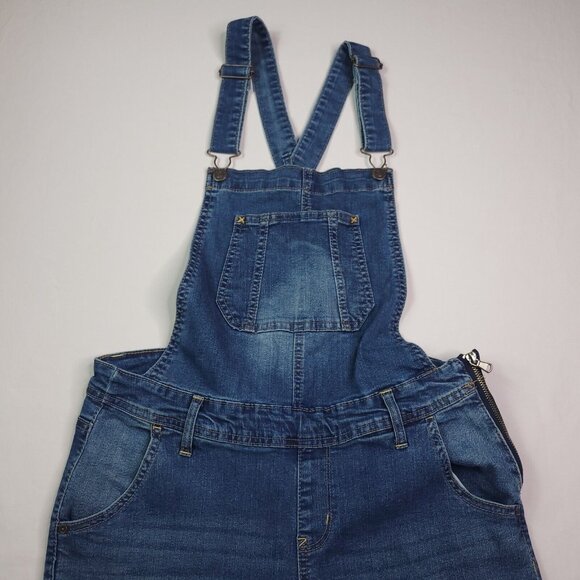 WallFlower Womens Denim Bib Overalls Large Tapered Leg Medium Wash Side Zip - Picture 2 of 6
